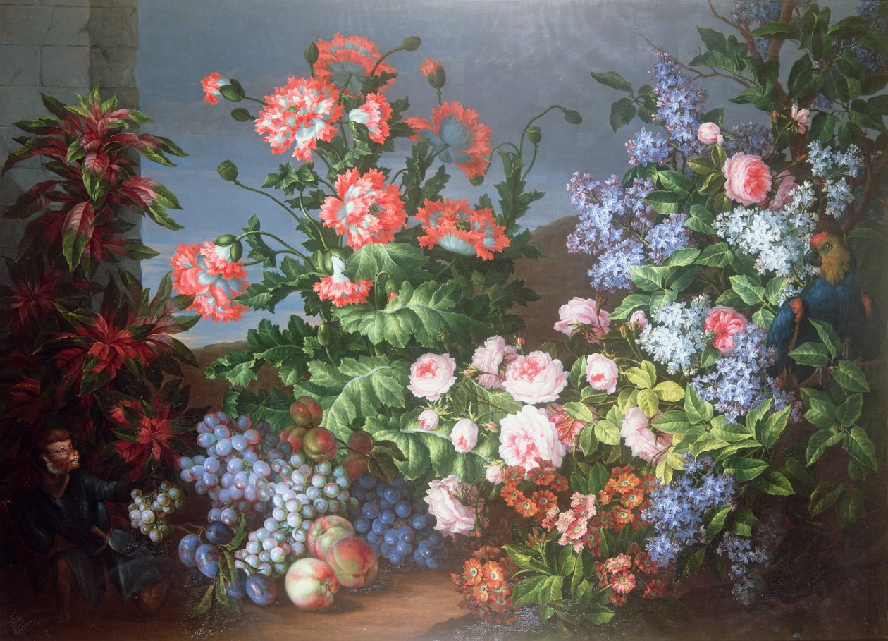 Flowers, fruit with a Monkey and a Parrot by Jean Baptiste Monnoyer