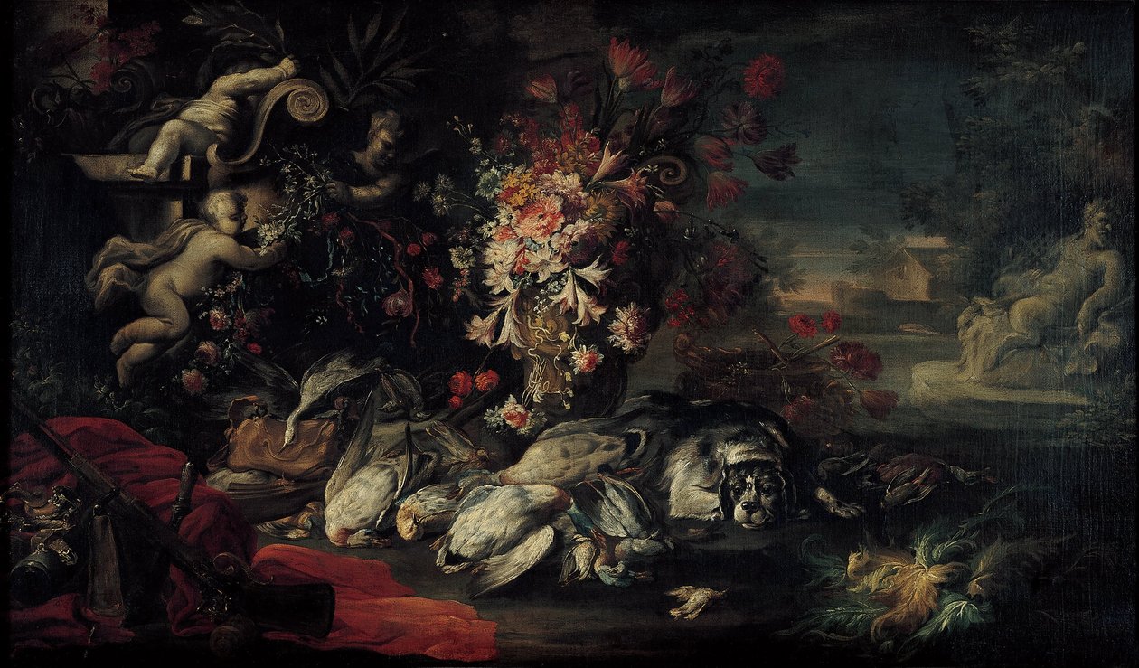 Still Life with Shooting Gear and Flowers II by Jean Baptiste Oudry