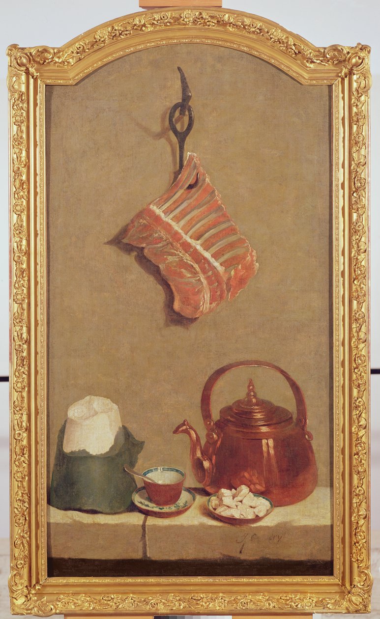 Still Life with meat, kettle, cup, sugar loaf and sugar lumps by Jean Baptiste Oudry