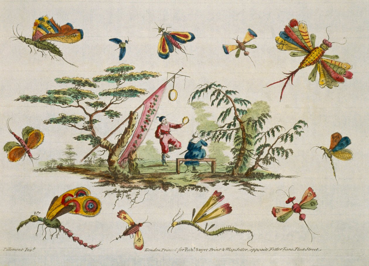 Illustration Showing Butterflies and Two Central Figures Wearing Japanese Apparel from 