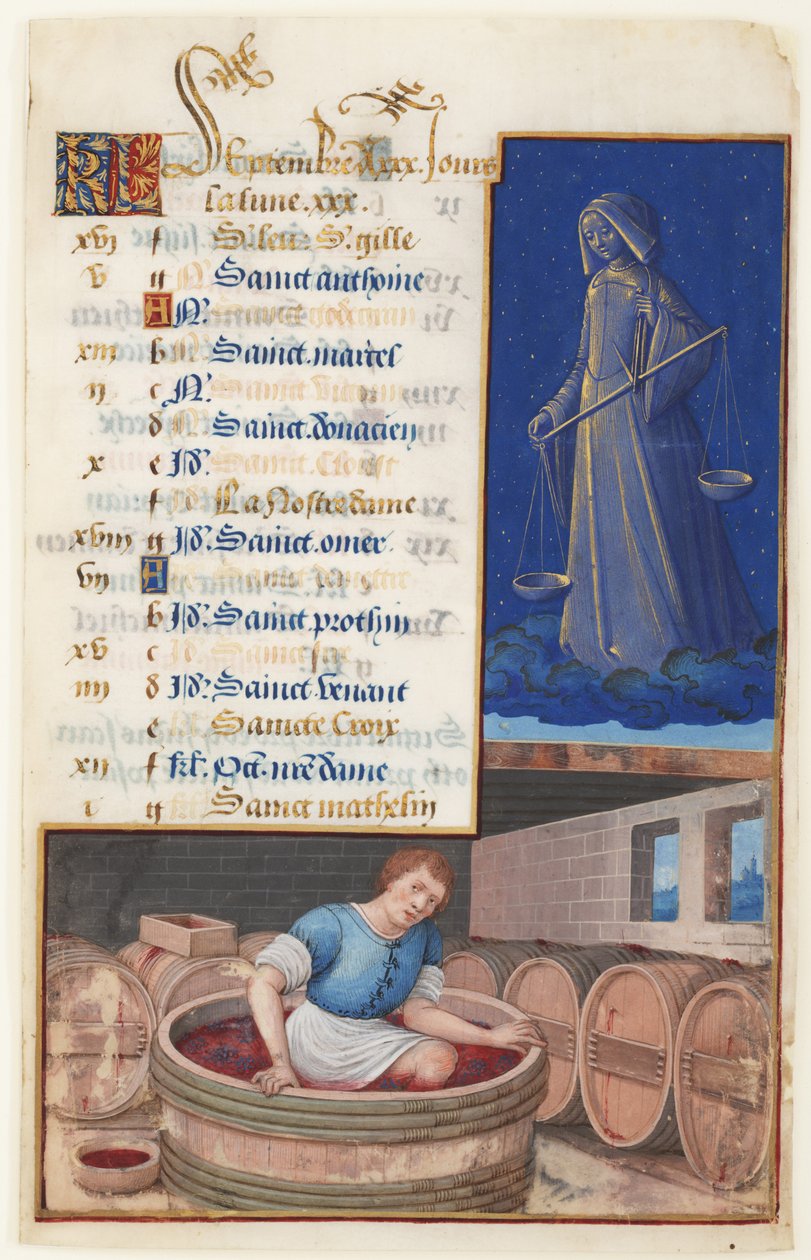 Virgo and Treading Grapes, Calendar for the feast days celebrated in September, c.1500 by Jean Bourdichon