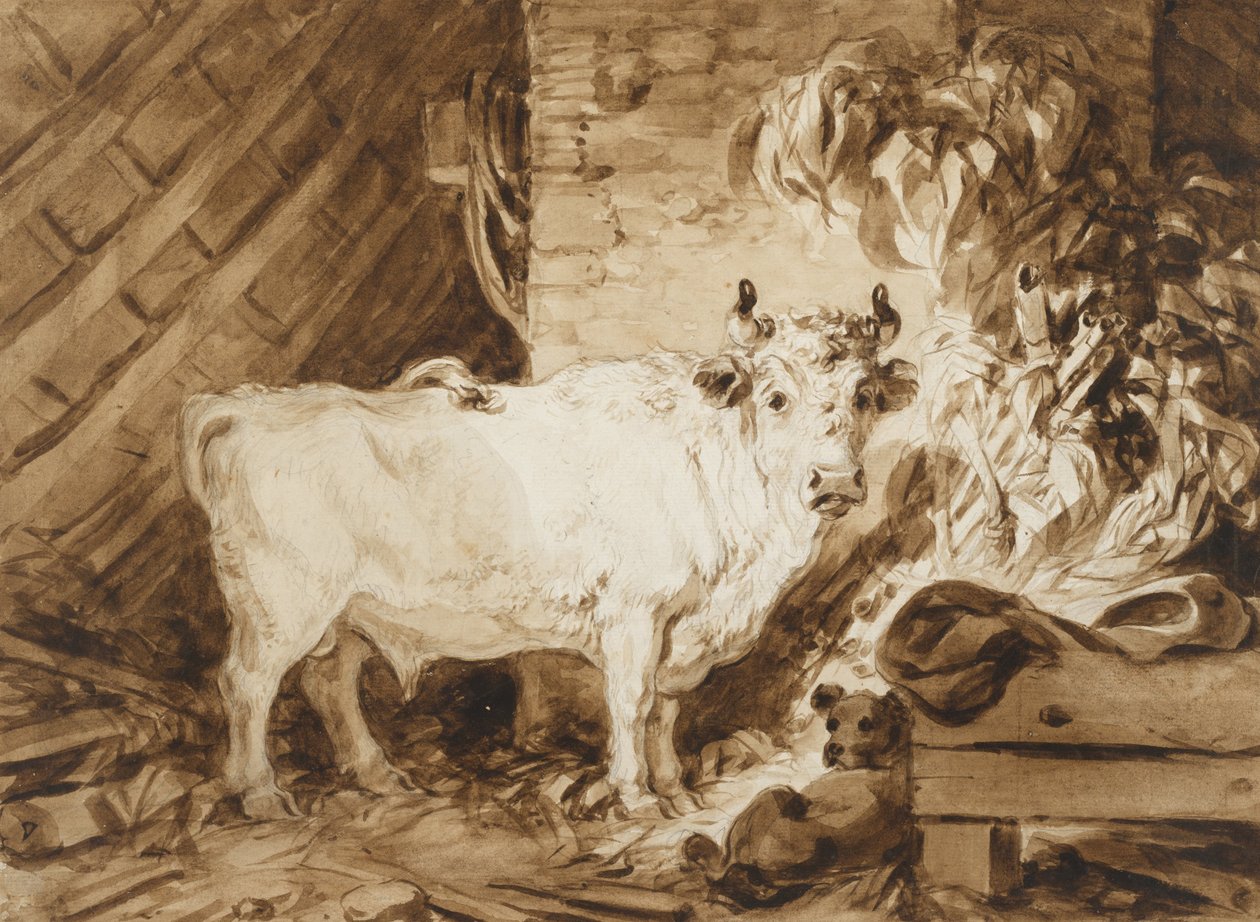 White Bull and a Dog in a Stable by Jean Honore Fragonard