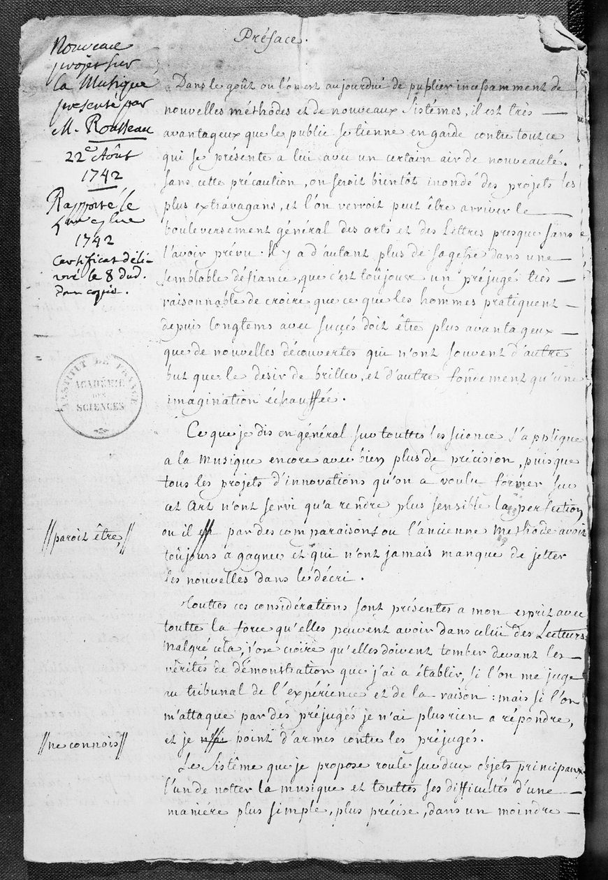 Project for Musical Notation Presented by Jean-Jacques Rousseau to the Academie des Sciences on 22 August, 1742 by Jean Jacques Rousseau