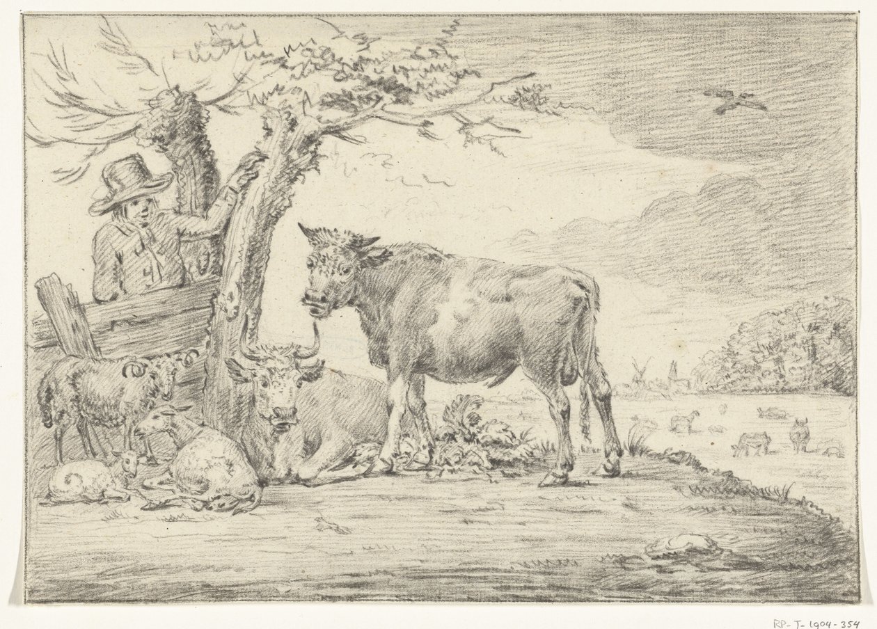 Farmer Standing by a Gate with Cattle by Jean Bernard