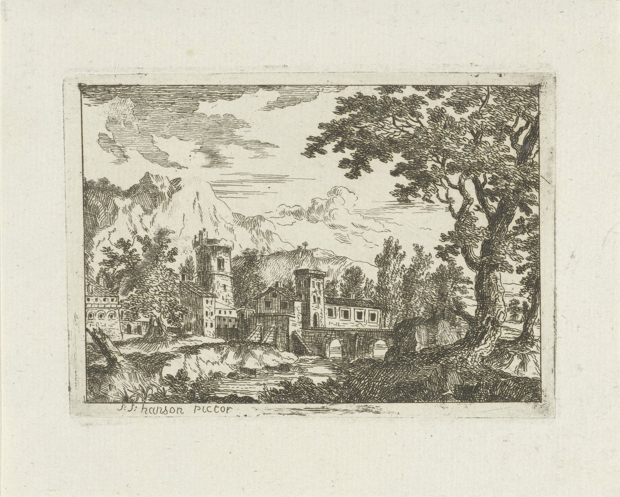 Stone Buildings by a River by Jean Joseph Hanson