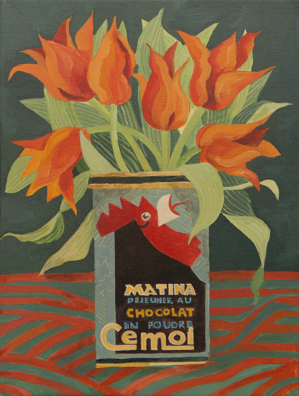 Red tulips in old coffee can by Jennifer Abbott