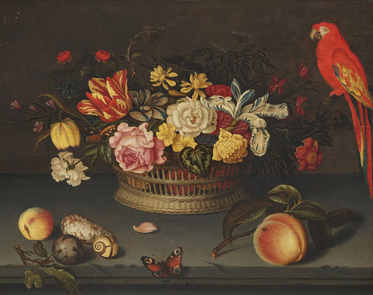 Still Life with Flower Basket and Parrot by Jeronimus Sweerts