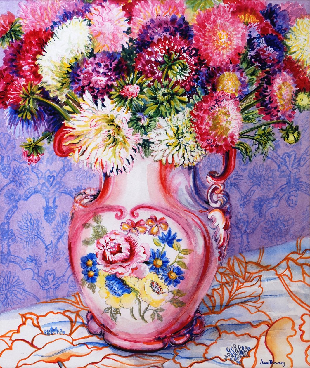 Asters in a Pink Floral Victorian Jug by Joan Thewsey