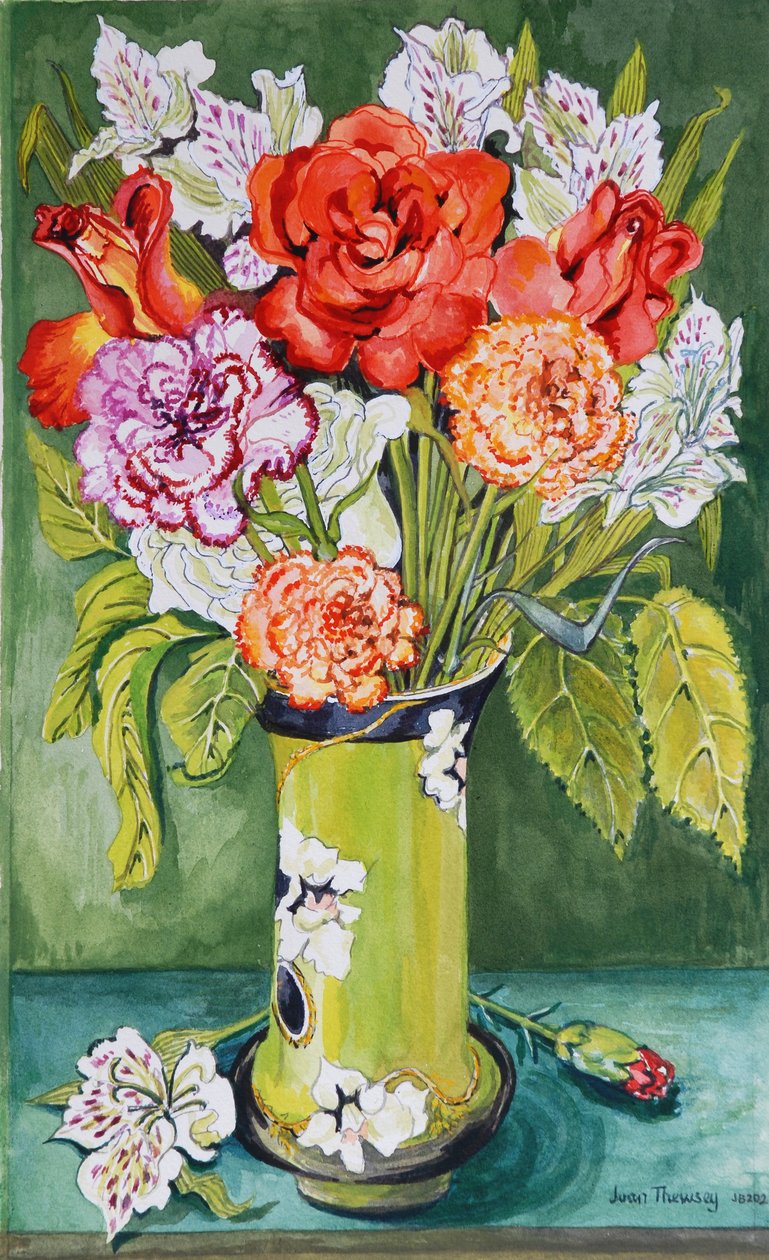 Carnations and Alstroemeria in an Art Nouveau Vase 2011 by Joan Thewsey