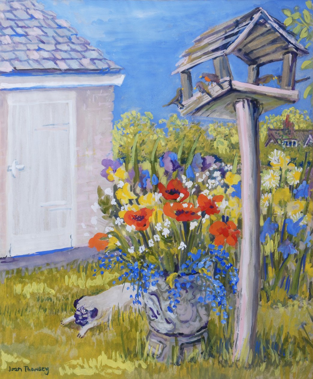 Cottage Garden with Birdhouse and Pug by Joan Thewsey