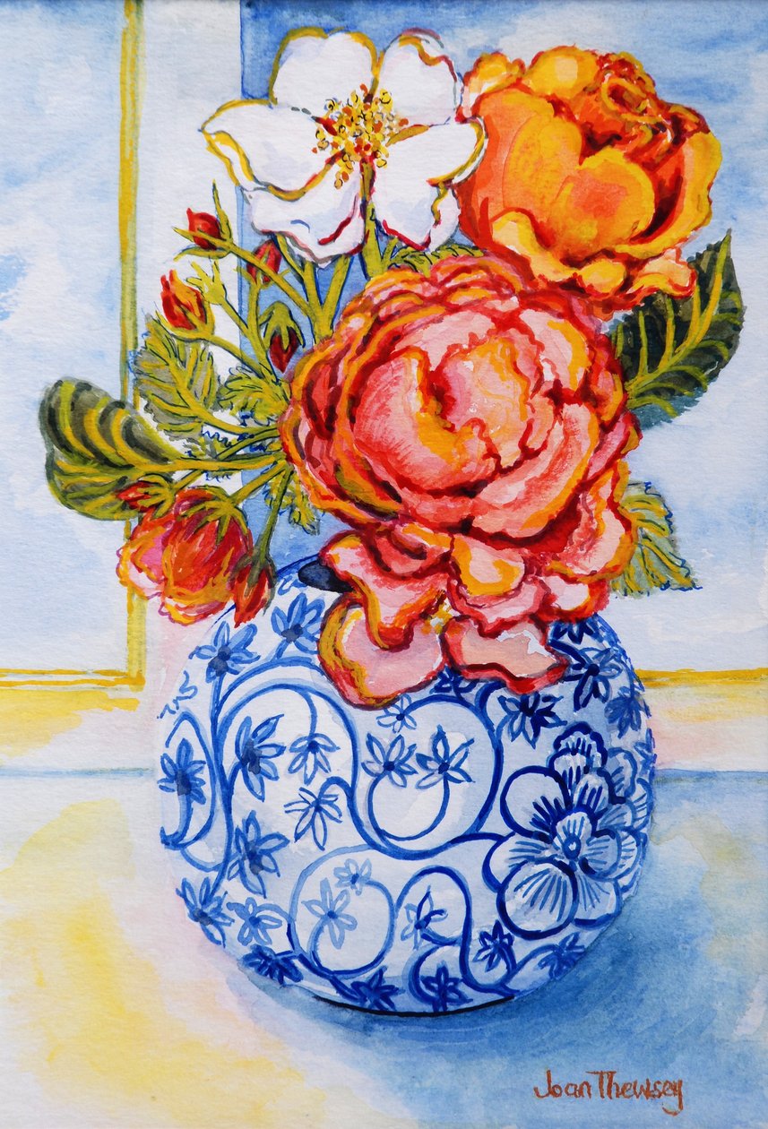 Cottage Roses, Round Blue and White Vase by Joan Thewsey