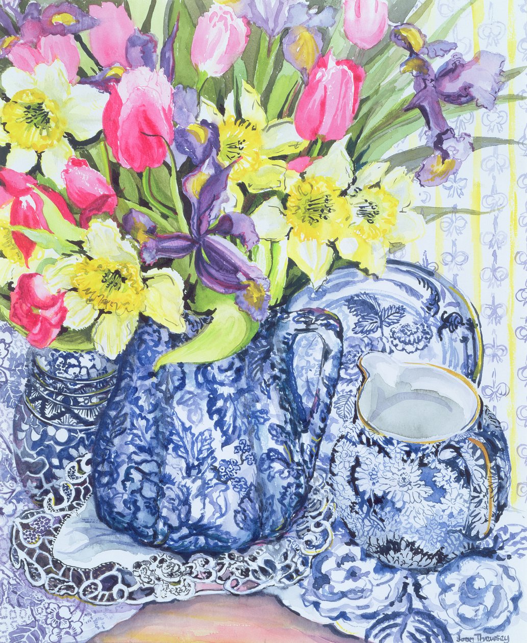 Daffodils, Tulips and Irises with Blue Antique Pots by Joan Thewsey