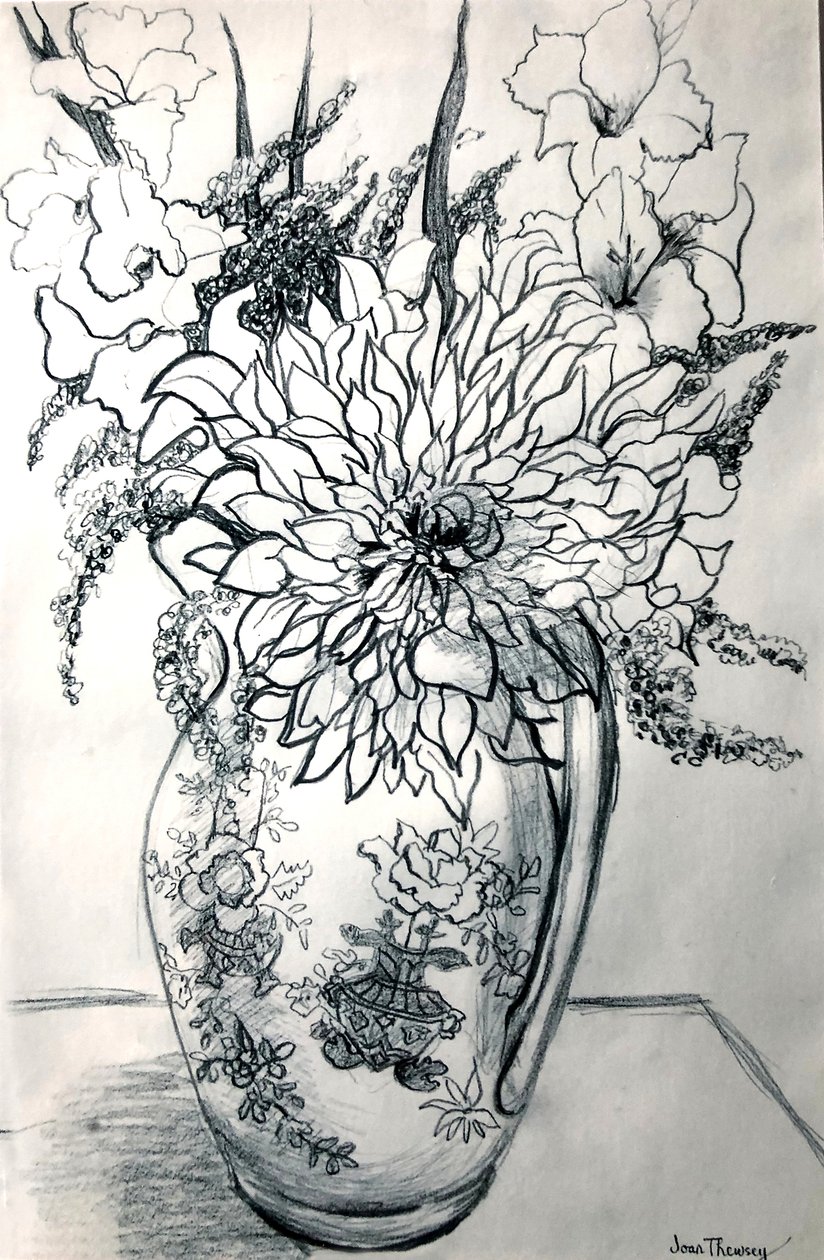 Dahlias and Gladioli in a Chinese Patterned Jug by Joan Thewsey