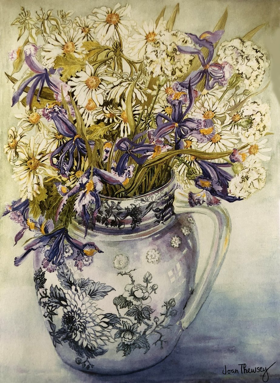 Iris, Chrysanthemums and Carnations in a Copeland Jug by Joan Thewsey