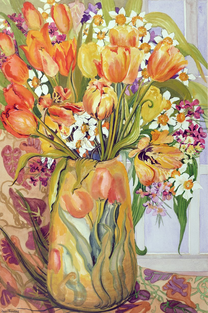 Tulips and Narcissi in an Art Nouveau Vase by Joan Thewsey