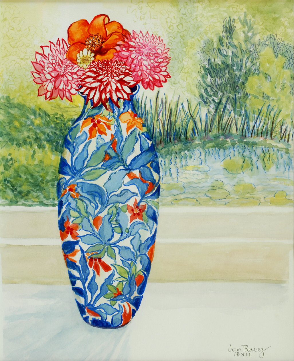 Vase with Dahlias and View of the Pond, 2001 by Joan Thewsey