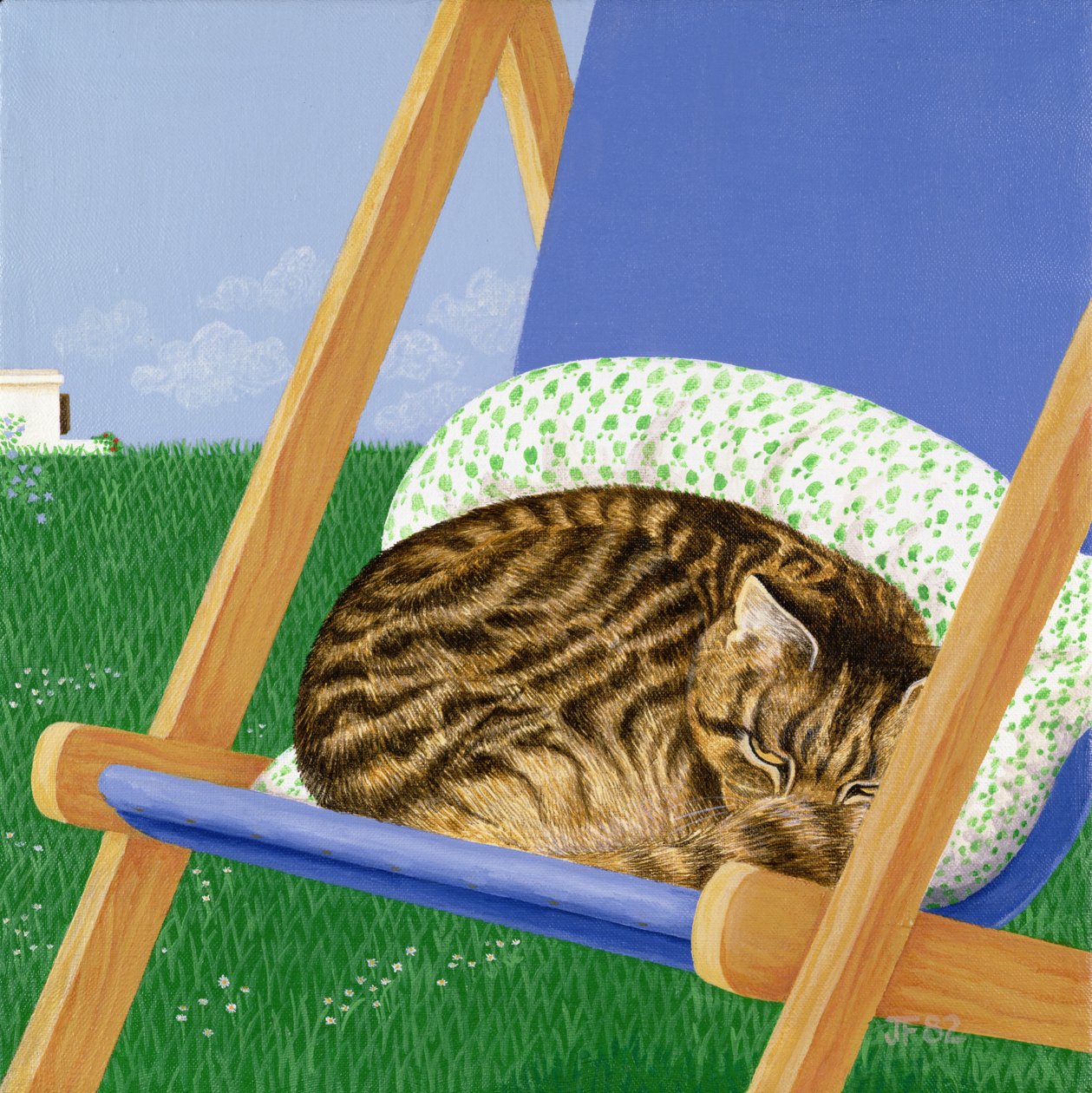 Tabby Cat Asleep in a Deck Chair by Joan Freestone