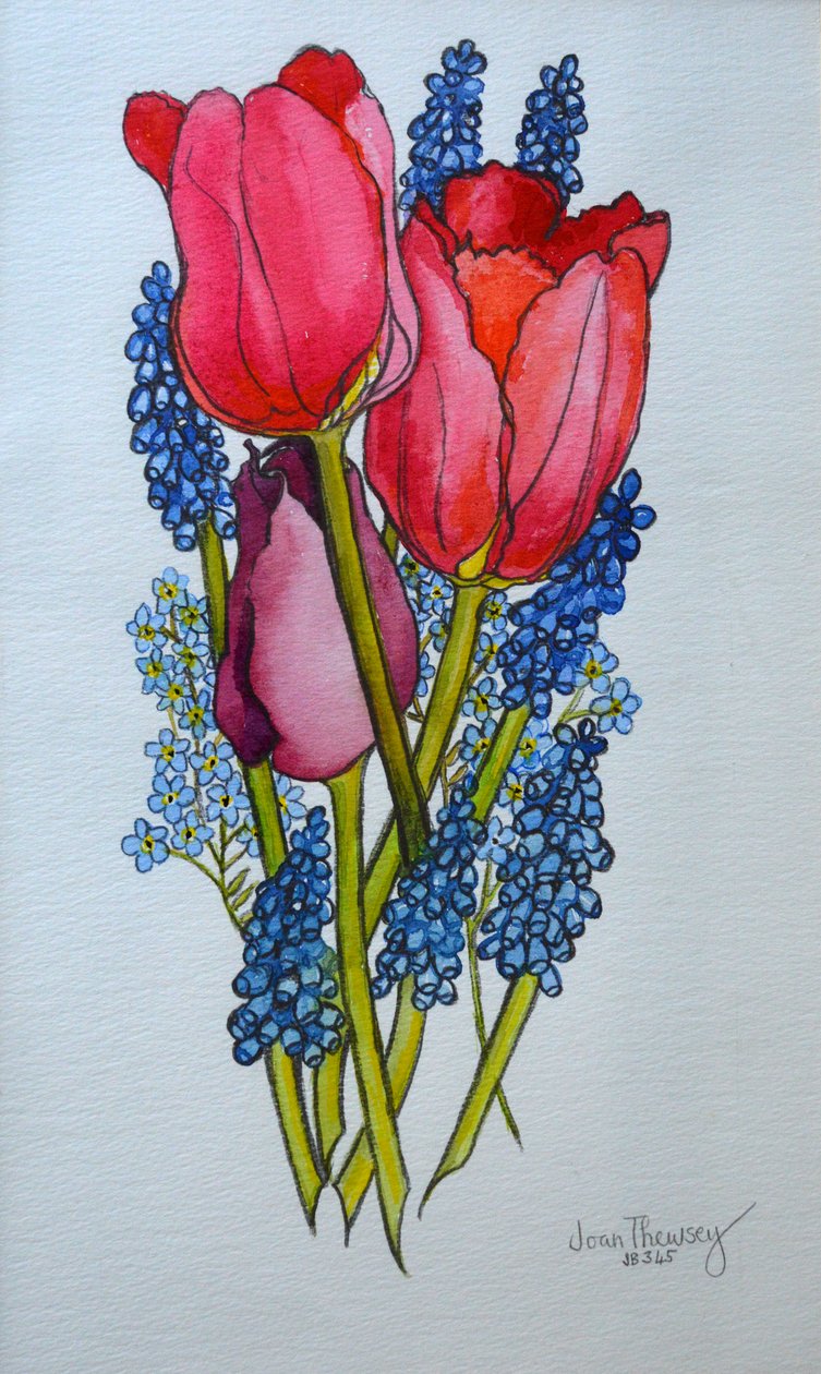 Tulips, Muscari and Forget-me-nots, 2002 by Joan Thewsey