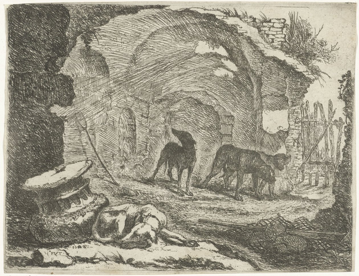 Four Dogs by a Ruin by Joannes Fijt