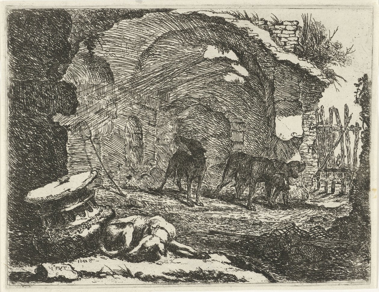 Four Dogs by a Ruin (Dogs series) by Joannes Fijt