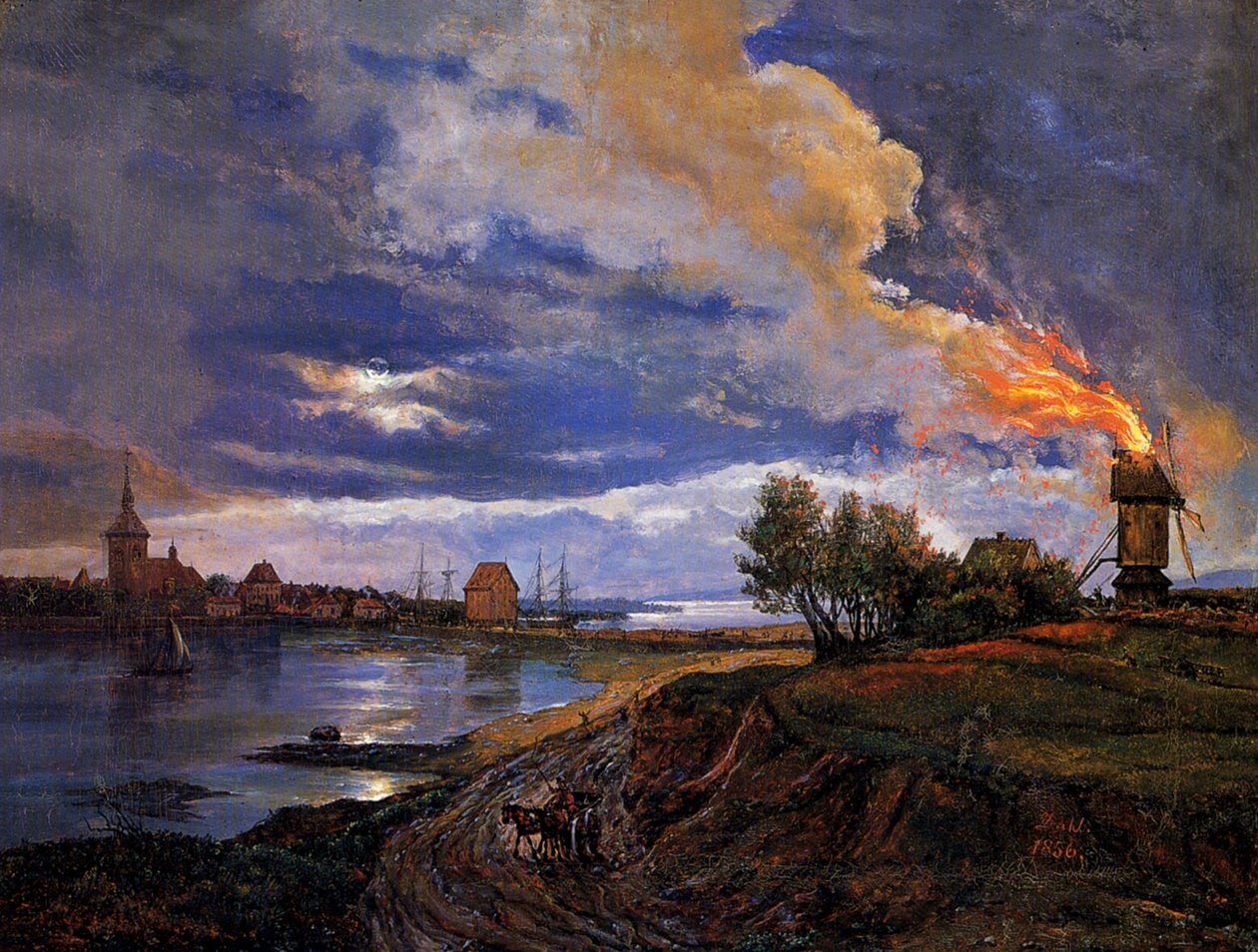 Burning Windmill at Stege by Johan Christian Dahl