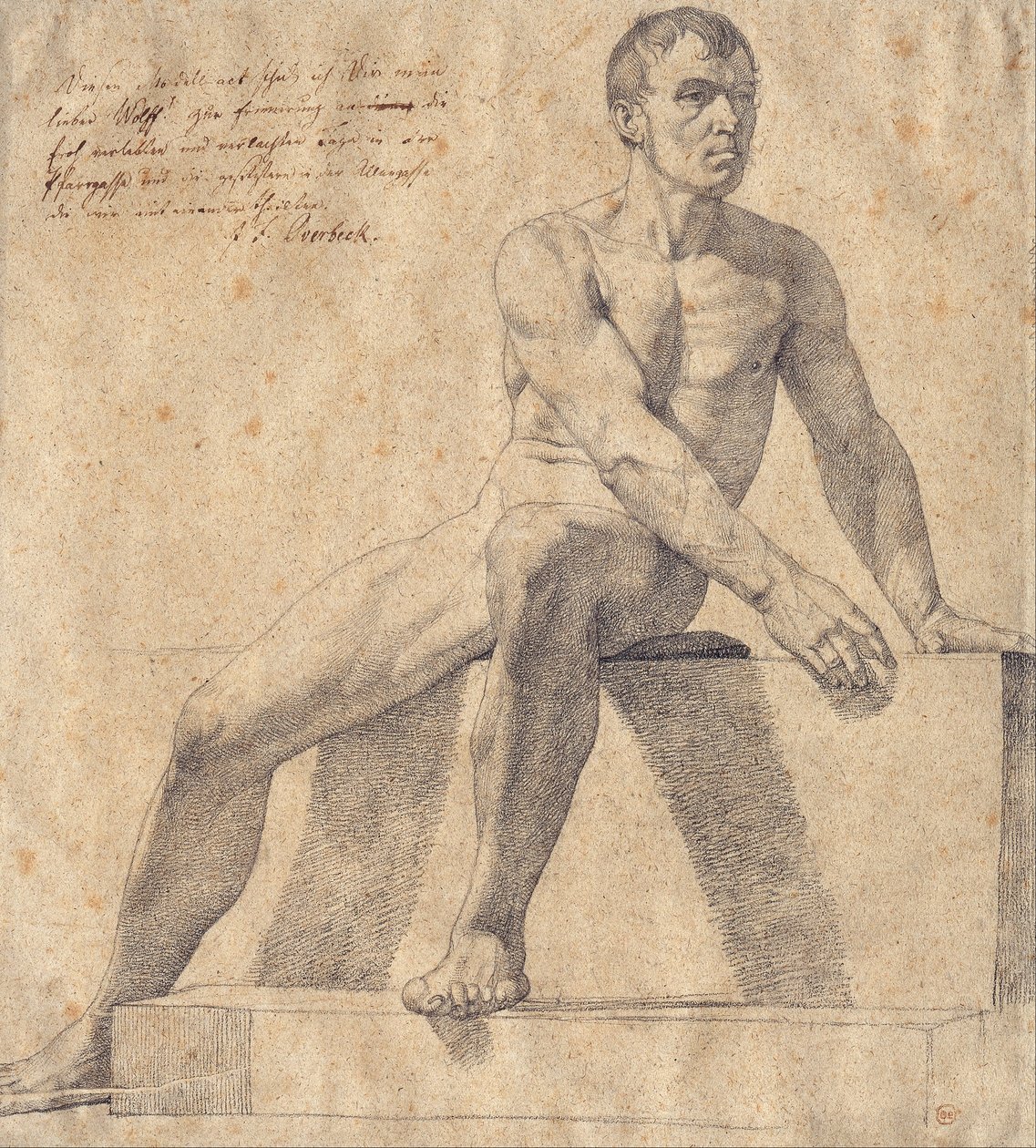 Male Nude Sitting on a Pedestal by Friedrich Overbeck