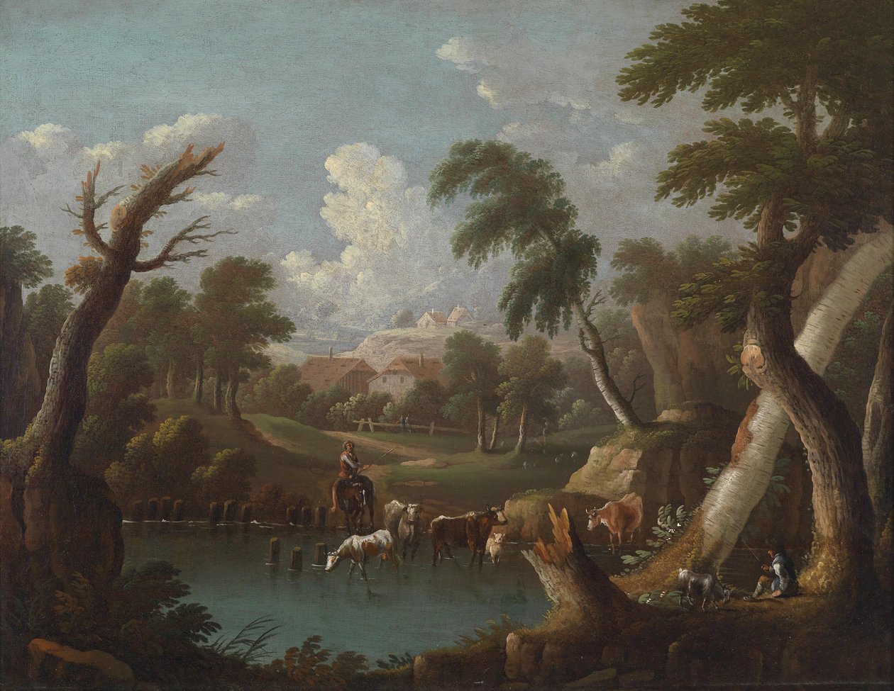 Mountainous Landscape with Drinking Cattle at a Pond by Johann Georg von Bemmel