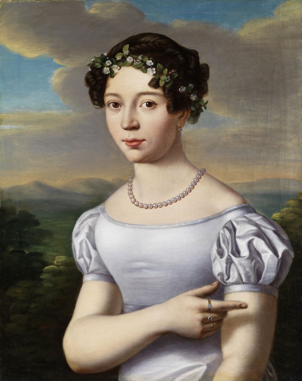 Portrait of a Young Girl with Myrtle Wreath and Pearl Necklace by Johann Herrmann