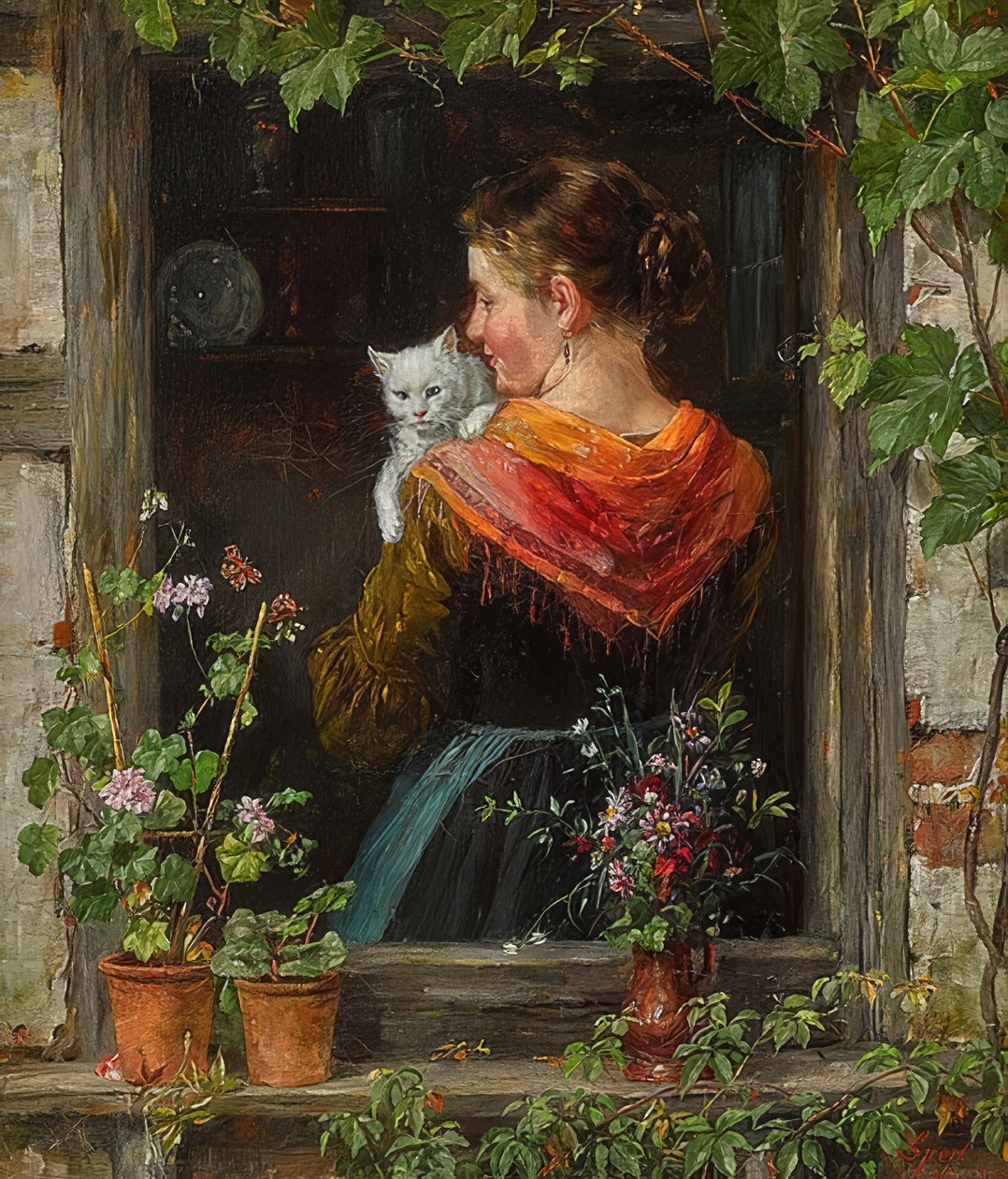 Young Woman with Cat by Johann Sperl