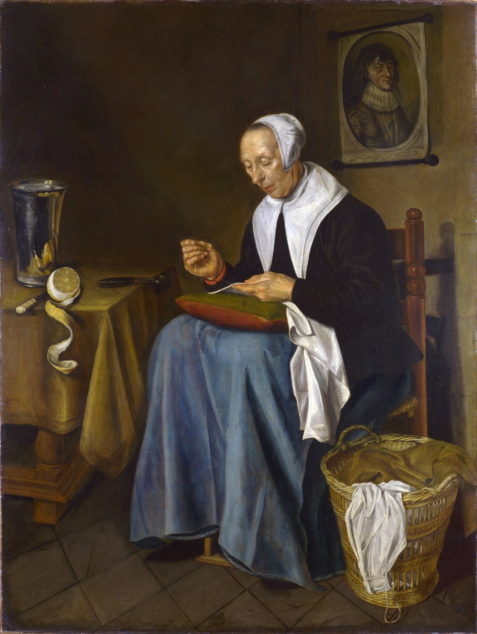 An Old Woman Seated Sewing by Johannes van der Aeck