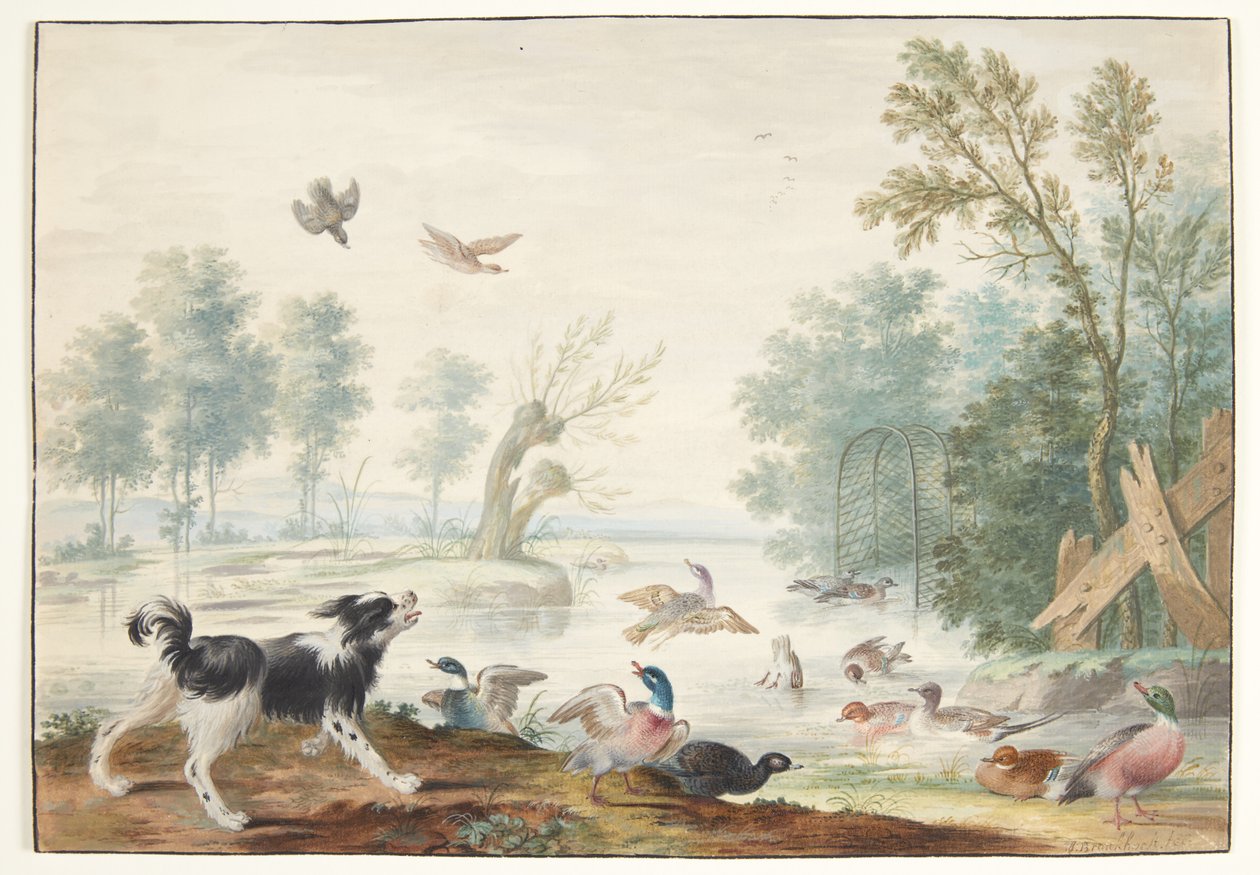 A Dog and Ducks by a Lake by Johannes Bronckhorst