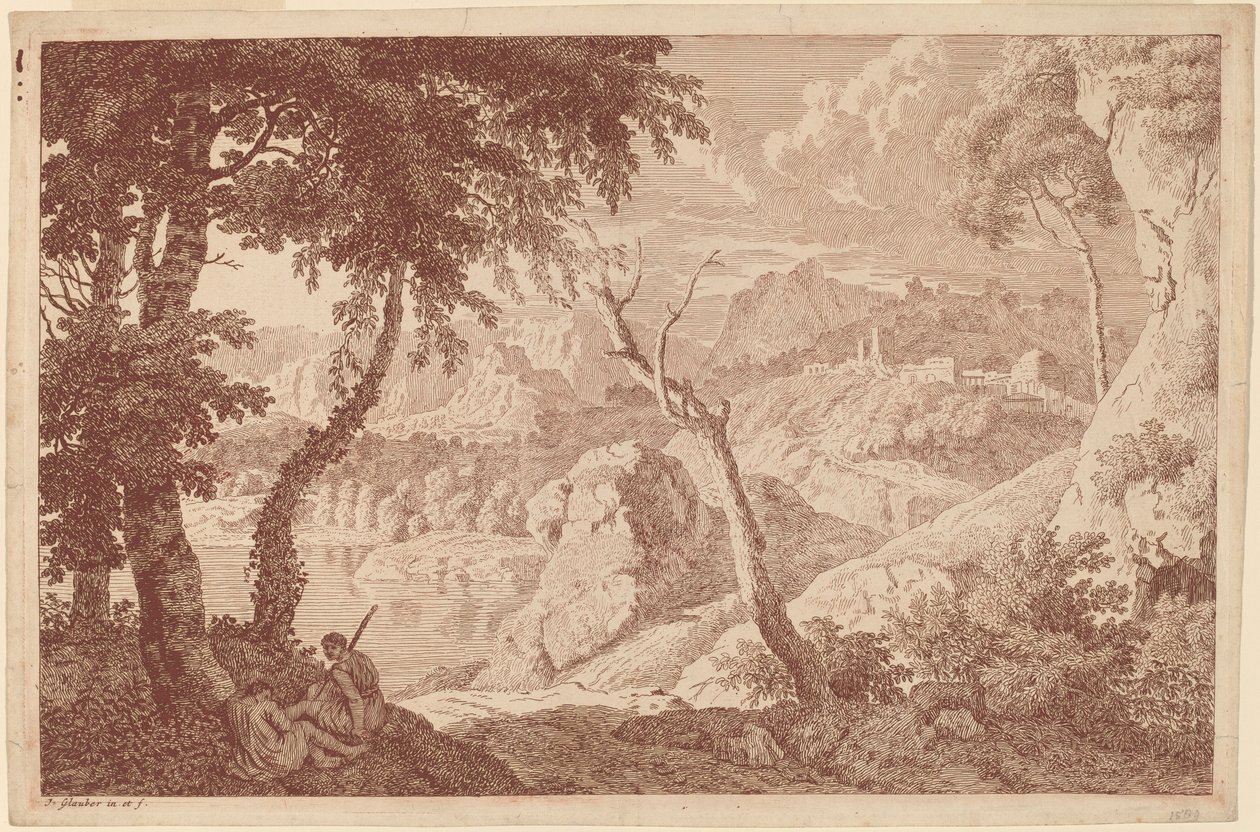 Mountain Landscape with Two Men Resting by Johannes Glauber