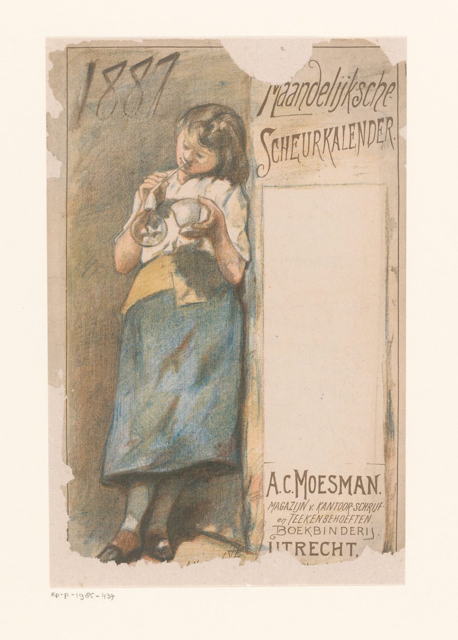Tear-off Calendar with Girl Blowing Bubbles (title on object: Monthly Tear-off Calendar 1887) by Johannes Moesman
