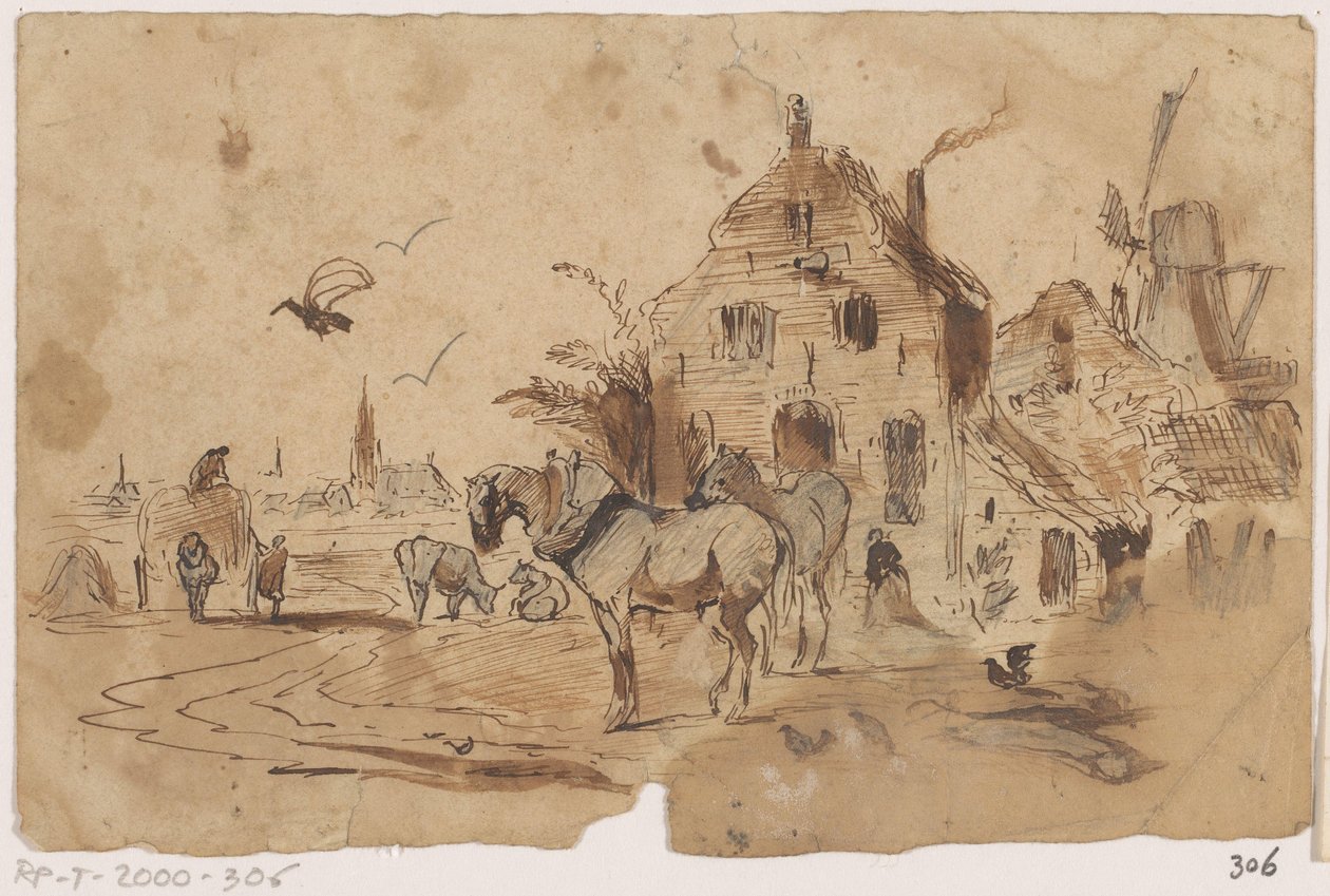 Unhitched Horses in Front of a House by Johannes Tavenraat