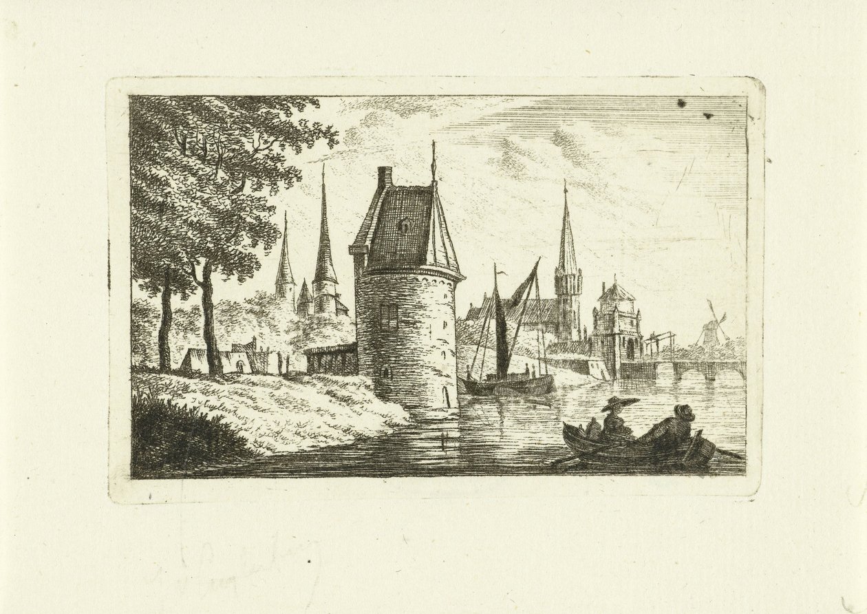Cityscape with Tower by a River by Johannes van Cuylenburgh