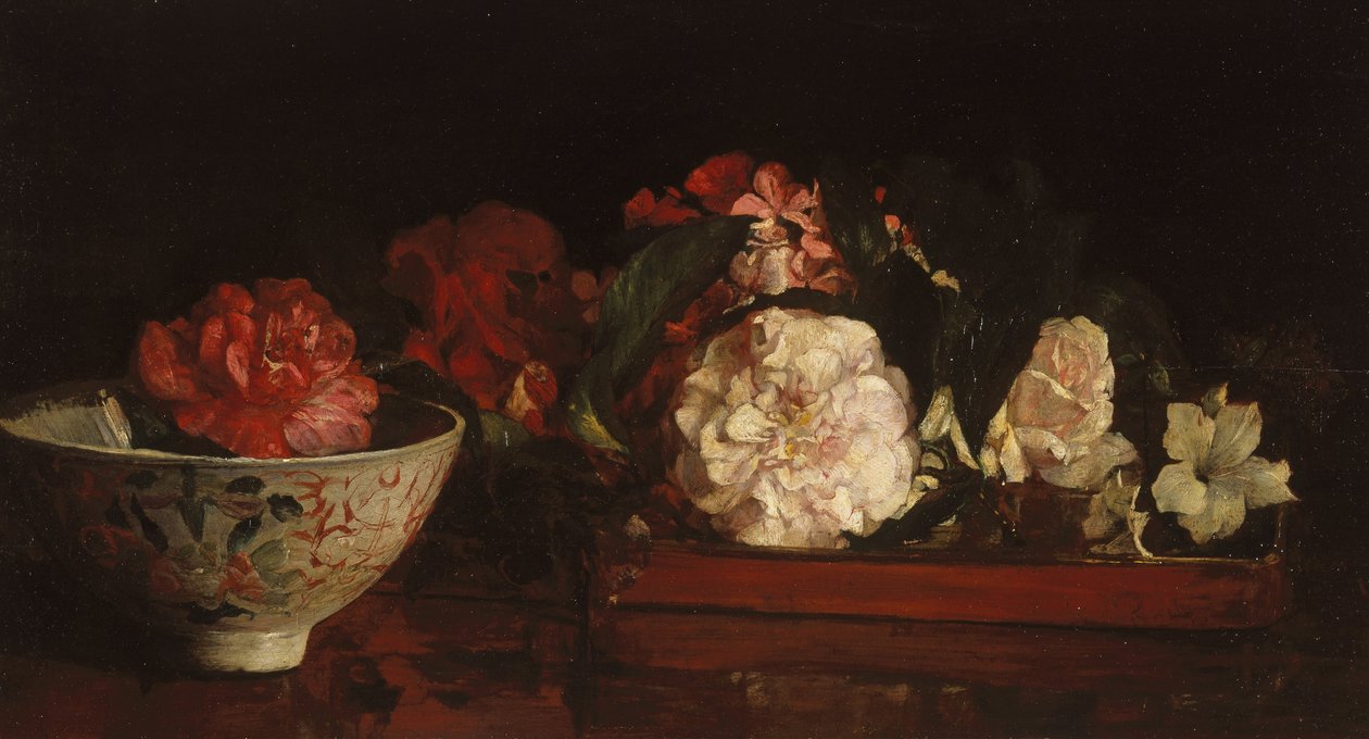 Flowers on a Japanese Tray on a Mahogany Table by John La Farge or Lafarge