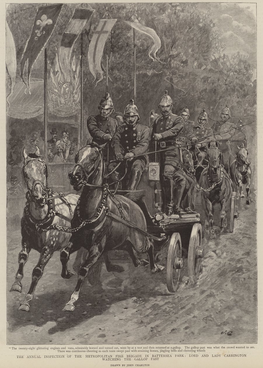 The Annual Inspection of The Metropolitan Fire Brigade in Battersea Park, Lord and Lady Carrington Watching the Gallop Past by John Charlton