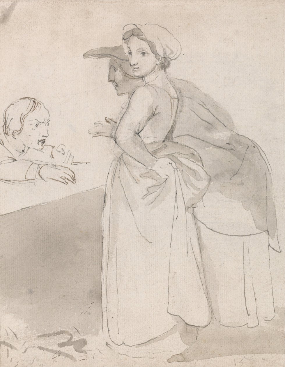 Two Women Talking to a Man at a Counter by John Flaxman