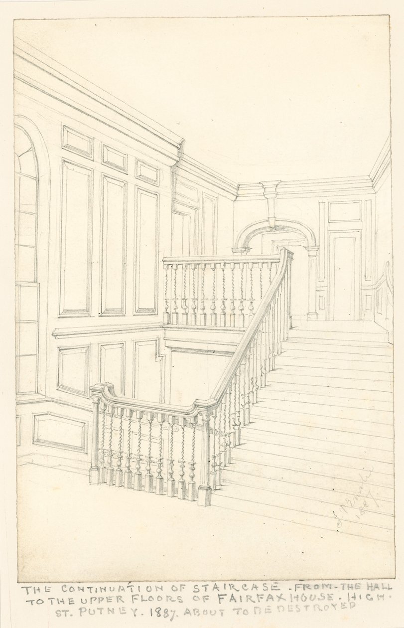 The continuation of staircase, from the hall to the upper floors, of Fairfax House, High Street, Putney by John Phillipp Emslie