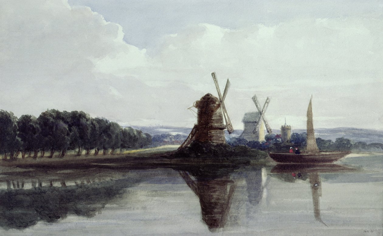 Windmills by a River by John Smeaton Chase