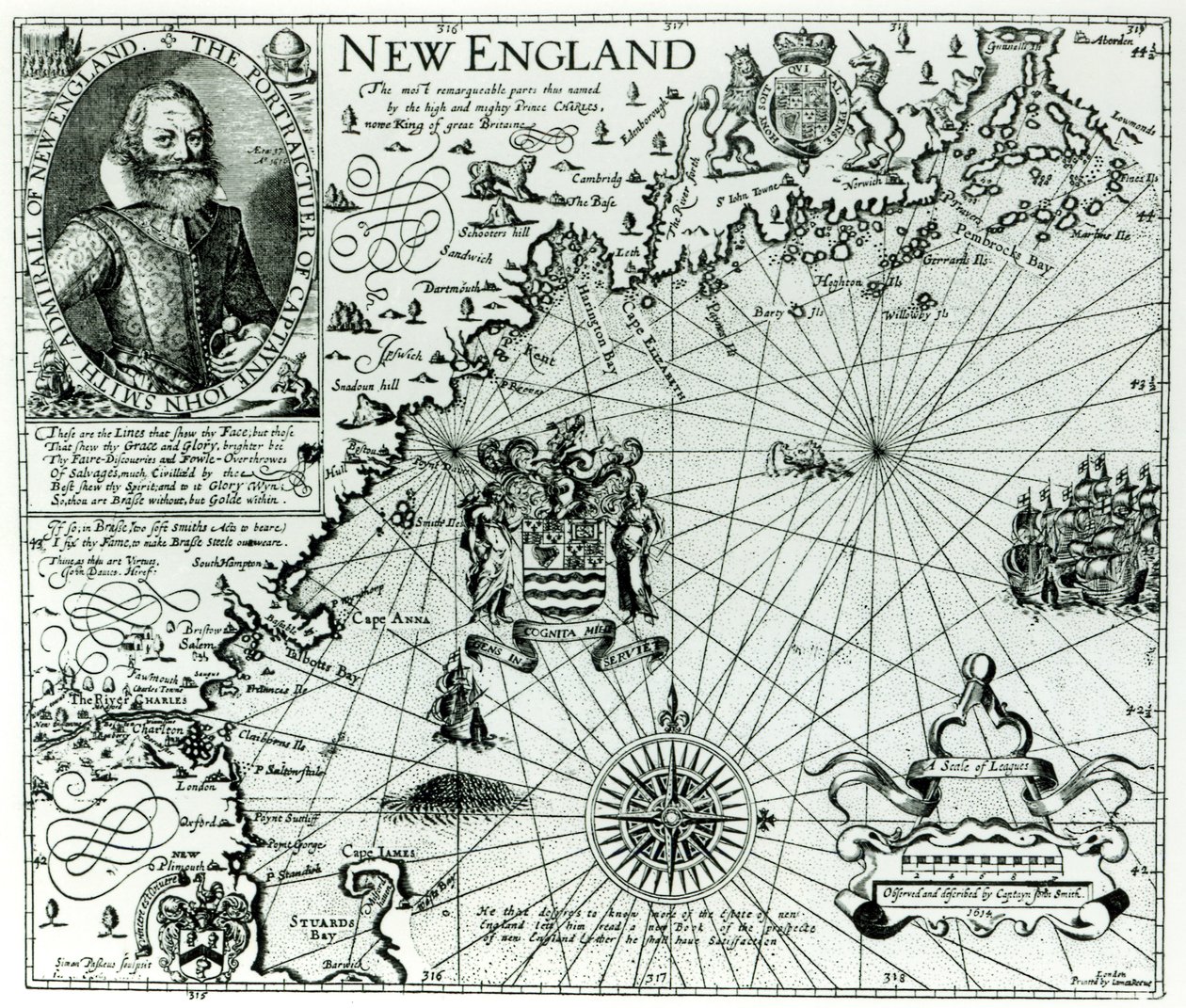 Map of the New England coastline in 1614, engraved by Simon de Passe by John Smith 2