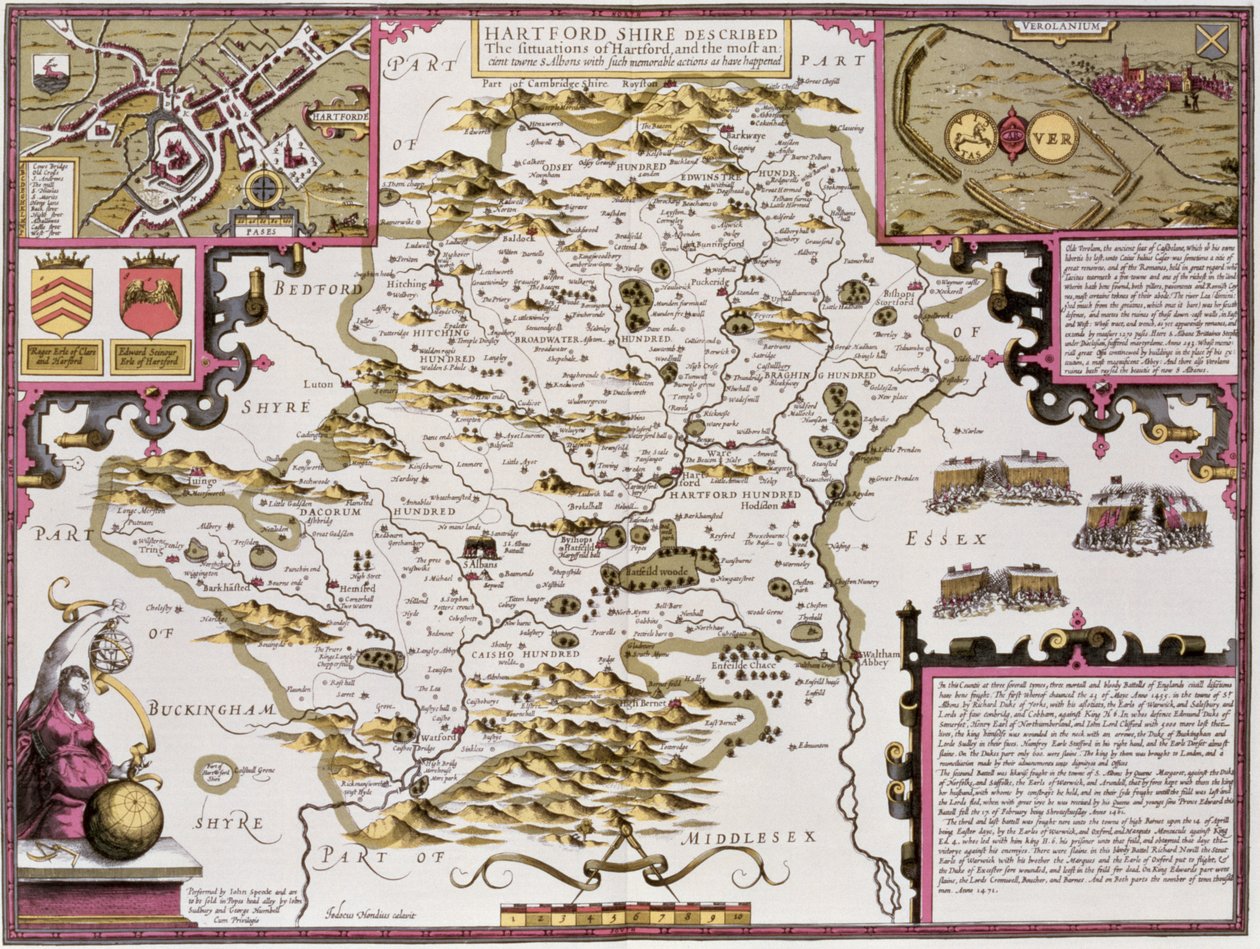 Hartfordshire and the Situation of Hartford, engraved by Jodocus Hondius from John Speed