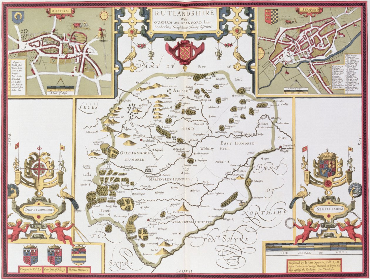Rutlandshire with Oukham and Stanford, engraved by Jodocus Hondius from John Speed
