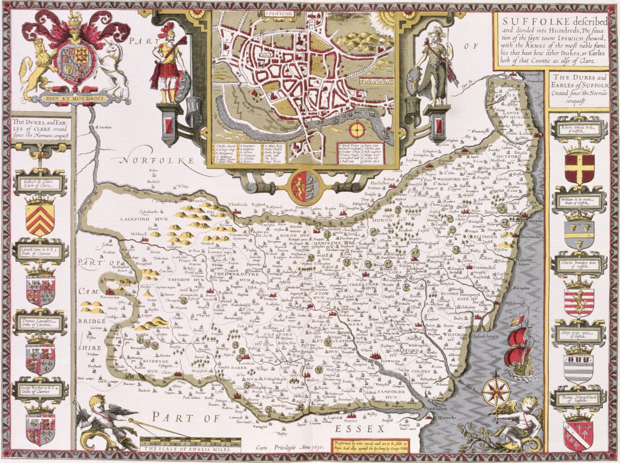 Suffolk and the Situation of Ipswich, Engraved by Jodocus Hondius from John Speed