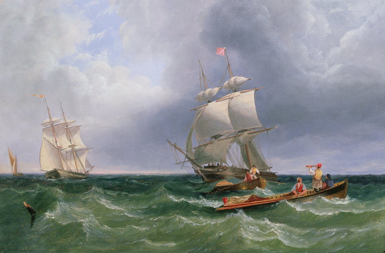 Shore Parties Disembarking, Brigs in a Swell Beyond by John Wilson Carmichael