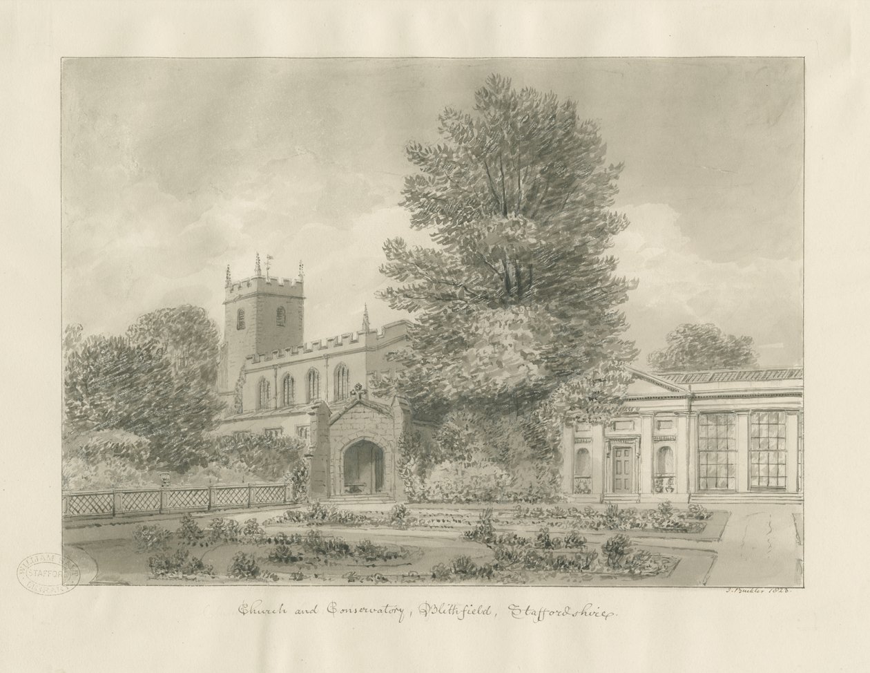 Blithfield Church: Sepia Drawing by John Buckler