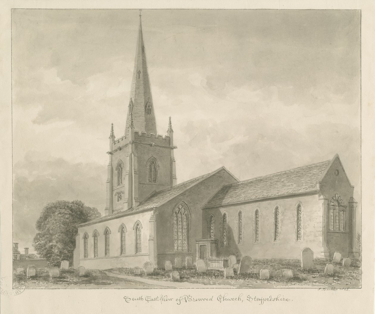Brewood Church: Sepia Drawing by John Buckler