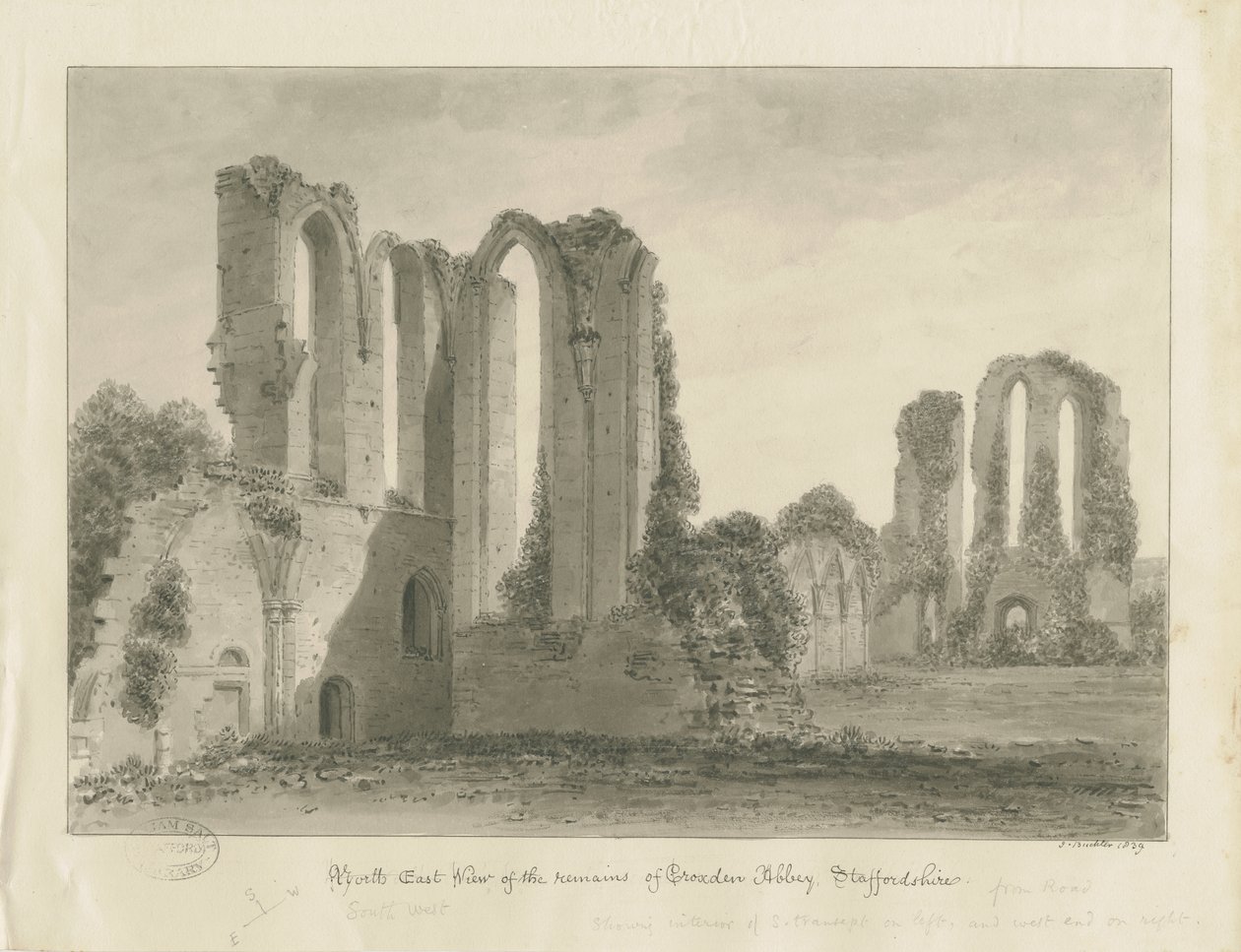Croxden Abbey: Sepia Drawing by John Buckler
