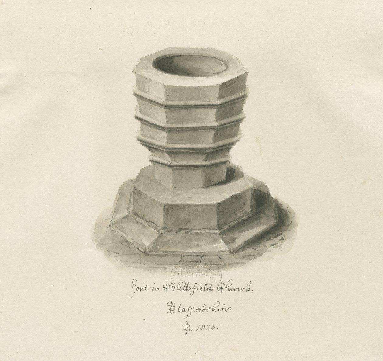 Font in Blithfield Church by John Buckler