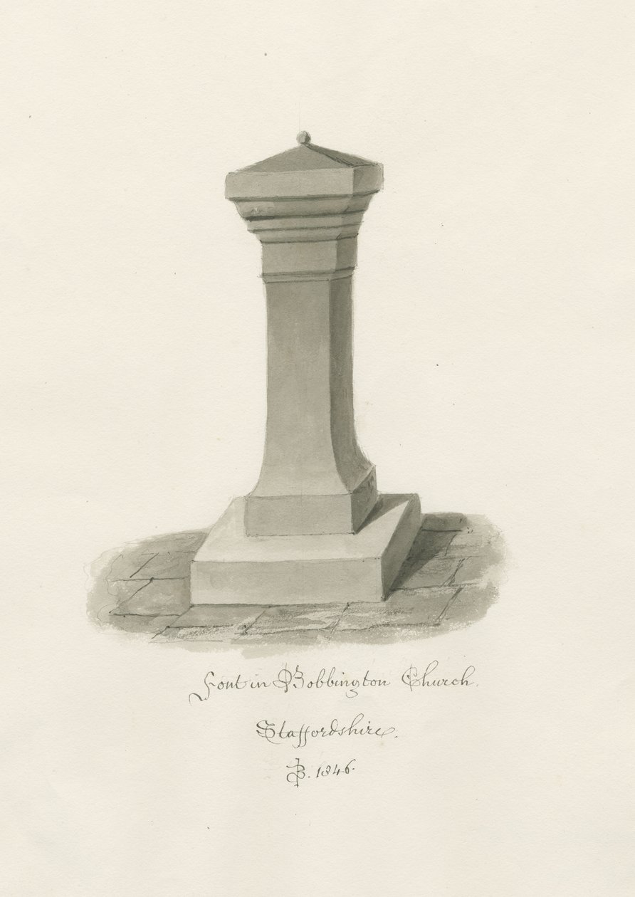 Font in Bobbington Church: Sepia Drawing by John Buckler
